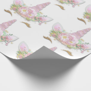 Unicorn Sparkly Glitter Pink Gold Floral White Wrapping Paper
