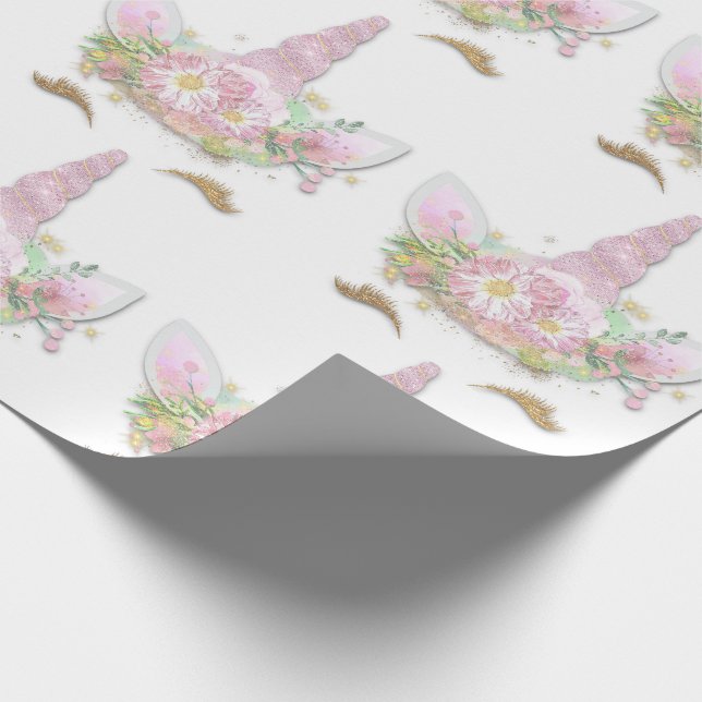 Unicorn Sparkly Glitter Pink Gold Floral White Wrapping Paper (Corner)