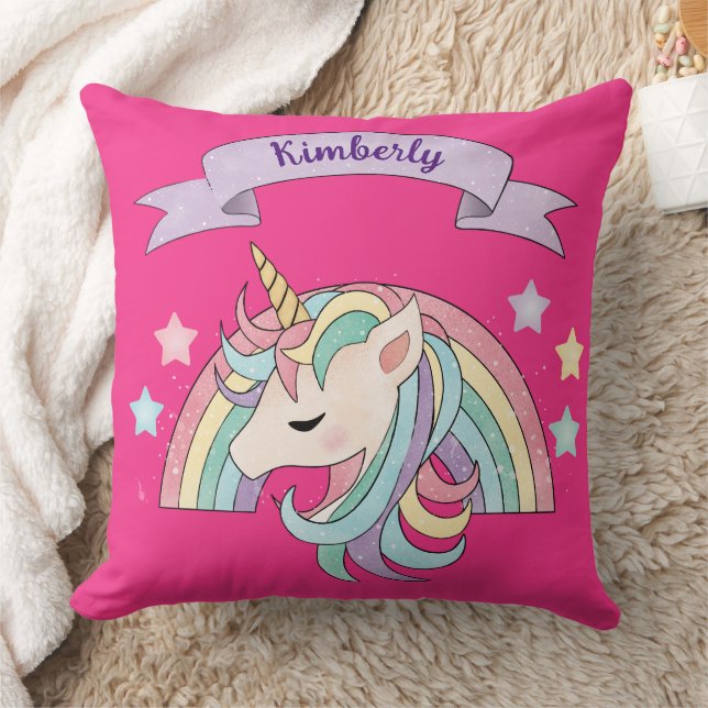 Unicorn & Sparkly Rainbow Custom Name on Hot Pink Cushion (Blanket)