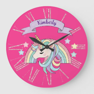 Unicorn & Sparkly Rainbow Custom Name on Hot Pink Large Clock