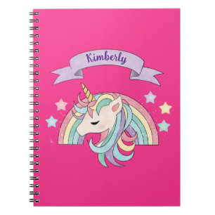 Unicorn & Sparkly Rainbow Custom Name on Hot Pink Notebook