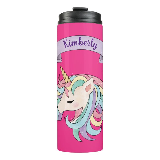 Unicorn & Sparkly Rainbow Custom Name on Hot Pink Thermal Tumbler (Front)