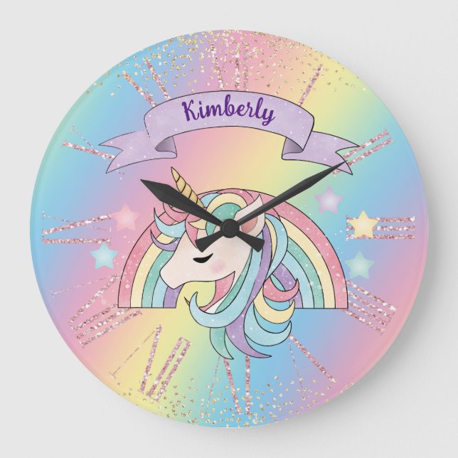 Unicorn & Sparkly Rainbow Gold Glitter Custom Name Large Clock (Front)