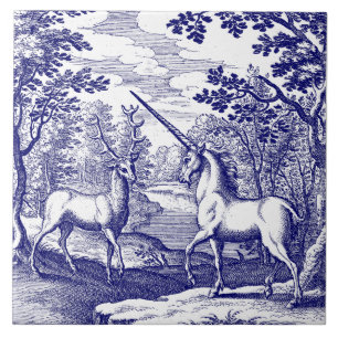 Unicorn & Stag Blue & White Tile