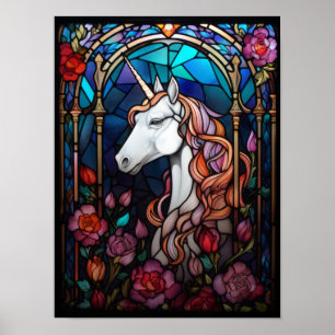 Unicorn Stained Glass Art with Magical Roses Poster