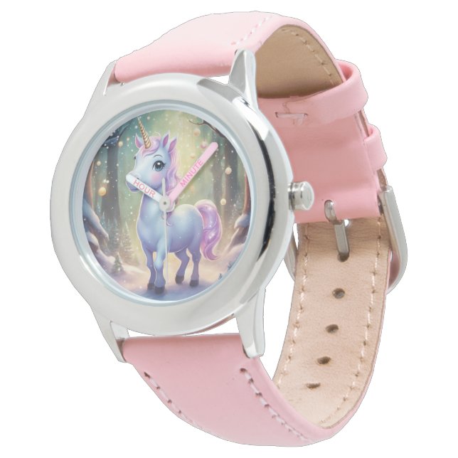 Unicorn - Stainless Steel Pink Leather Strap Watch (Angled)