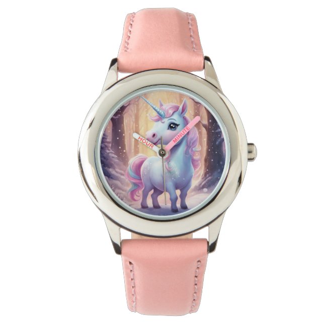 Unicorn - Stainless Steel Pink Leather Strap Watch (Front)