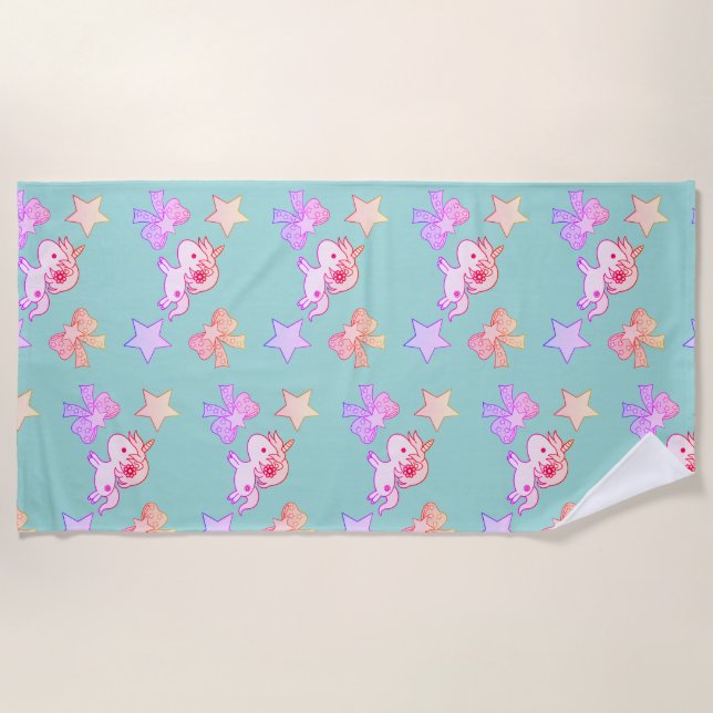 Unicorn Star Bow Rainbow Cute Colourful Beach Towel (Front)