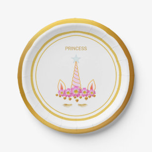 Unicorn, Star, Flowers and Golden Confetti Paper Plate