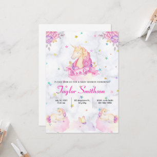 Unicorn, Stars and Clouds Pink Theme Baby Shower Invitation