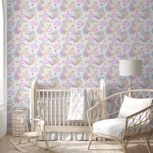 Unicorn Stars & Clouds | White Sky Pastel Wallpaper (Kids)