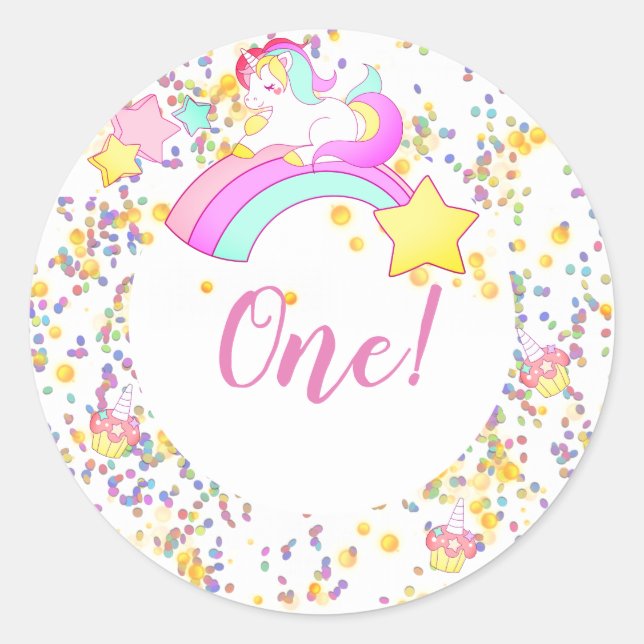 Unicorn, Stars, Cupcakes and Confetti Birthday Classic Round Sticker (Front)