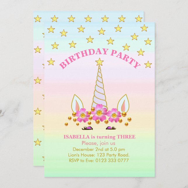 Unicorn, Stars, Flowers and Confetti Birthday Invitation (Front/Back)
