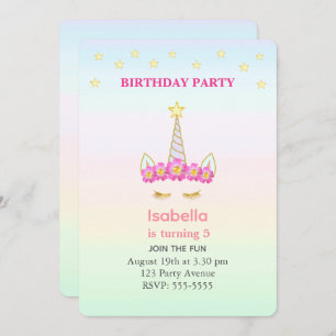 Unicorn & Stars on Pastel Colours Girl Birthday Invitation