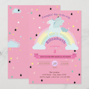 Unicorn, Stars Rainbow  Birthday Invitation