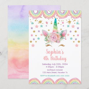 Unicorn stars rainbow Birthday Invitation