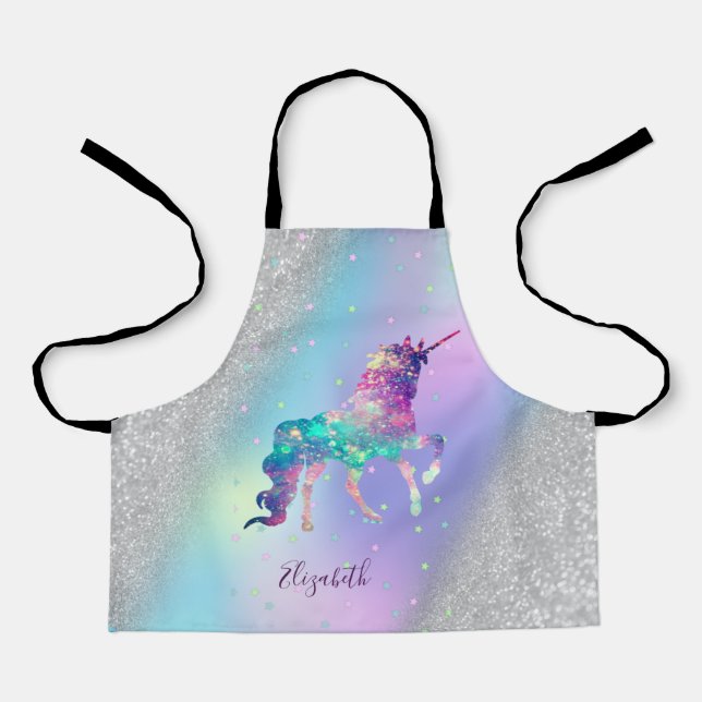 Unicorn, Stars,Silver Glitter Bokeh Holographic Apron (Front)