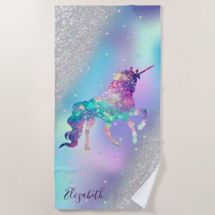 Unicorn, Stars,Silver Glitter Bokeh Holographic Beach Towel