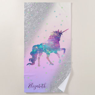 Unicorn, Stars,Silver Glitter Bokeh - Personalised Beach Towel