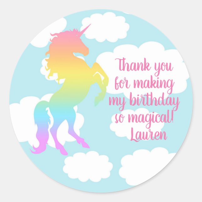 Unicorn Stickers, Rainbow Unicorn, party labels (Front)