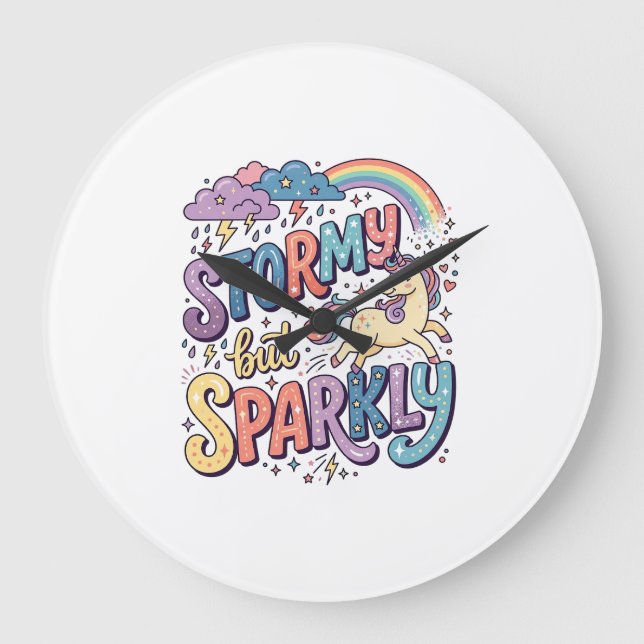 Unicorn Stormy but Sparkly Whimsical Merch Design_ Large Clock (Front)