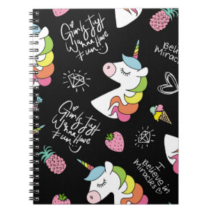 Unicorn, strawberry, pineapple, ice cream drawings notebook
