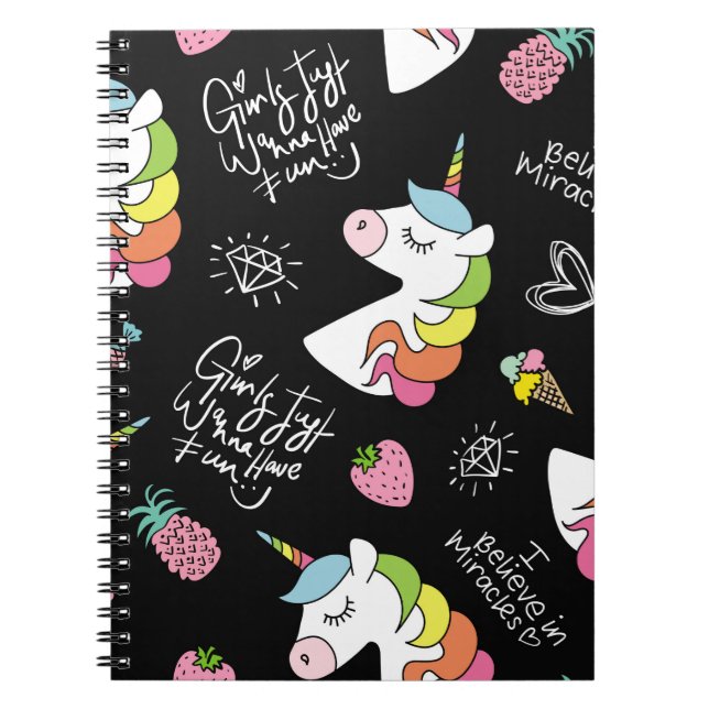 Unicorn, strawberry, pineapple, ice cream drawings notebook (Front)