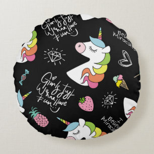 Unicorn, strawberry, pineapple, ice cream drawings round cushion