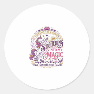 Unicorn Stretching Into My Magic Stylish White Bac Classic Round Sticker