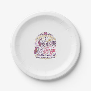 Unicorn Stretching Into My Magic Stylish White Bac Paper Plate