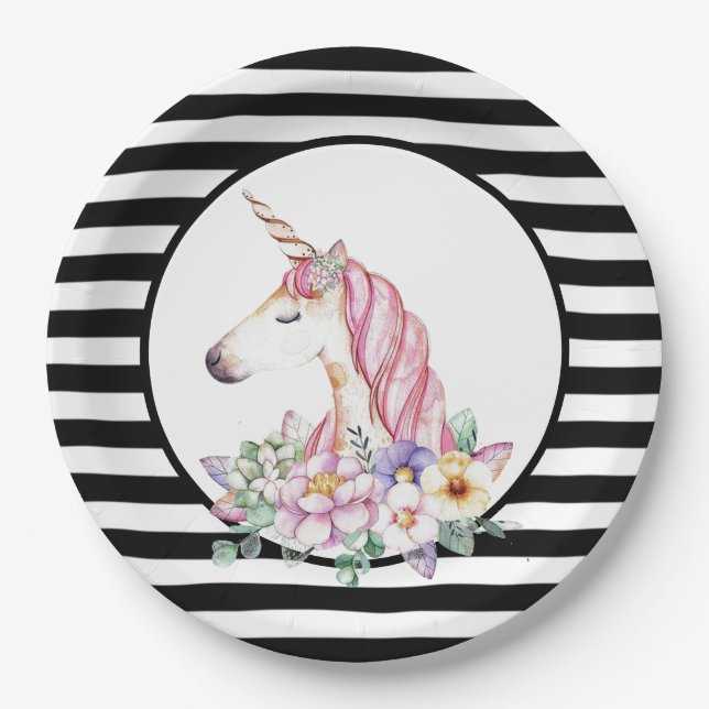 Unicorn Stripes and Flowers Paper Plate (Front)