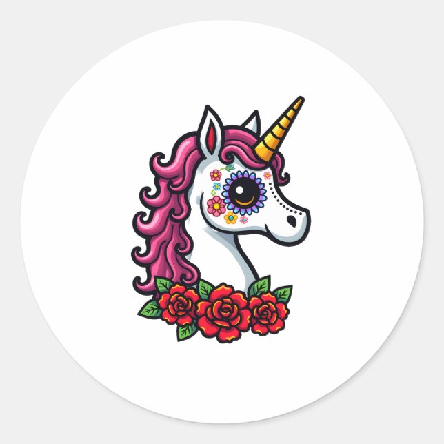 Unicorn Sugar Skull Mexican Art, Christmas T-Shirt Classic Round Sticker (Front)