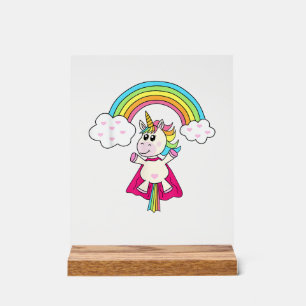 Unicorn Superhero flies to the rainbow T-Shirt T-S Acrylic Sign