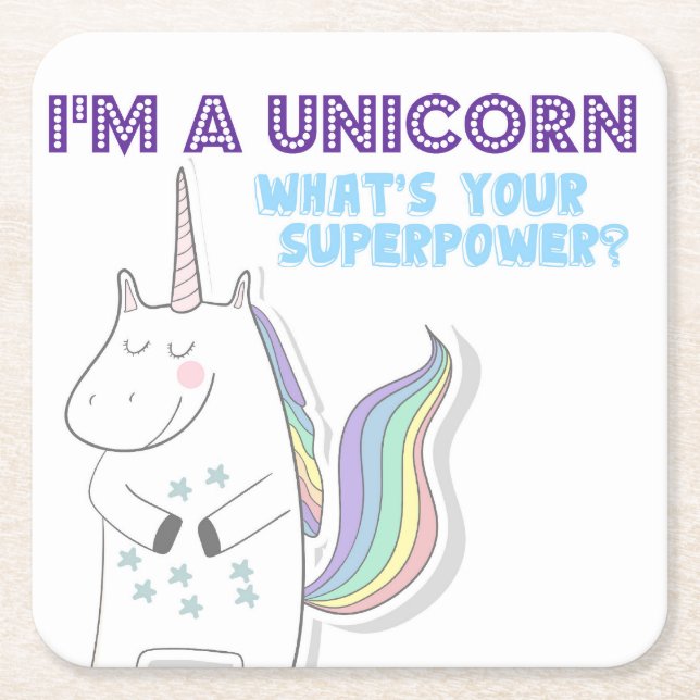 Unicorn Superpower Square Paper Coaster (Front)
