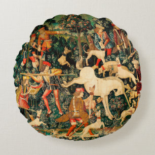 Unicorn Tapestries Defends Hunt  Round Cushion