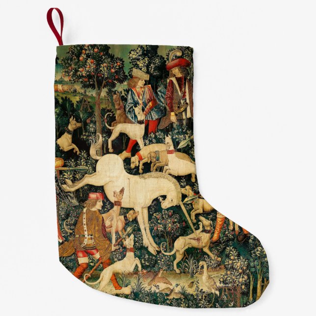 Unicorn Tapestries Mediaeval Classic Defends Hunt  Small Christmas Stocking (Front)