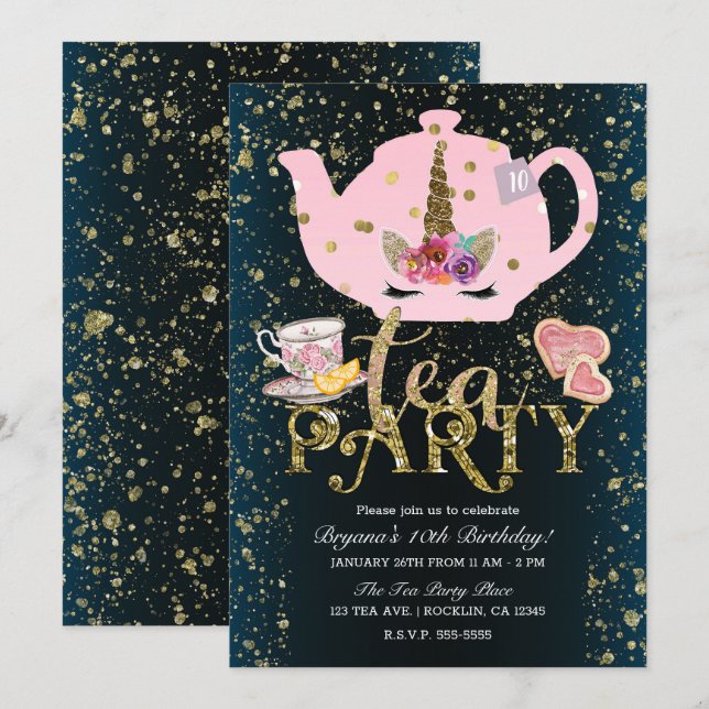 Unicorn Tea Party Gold Glitter Pink Girls Birthday Invitation (Front/Back)