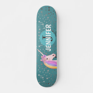Unicorn Teal Fantasy Silver Stars Personalised Skateboard
