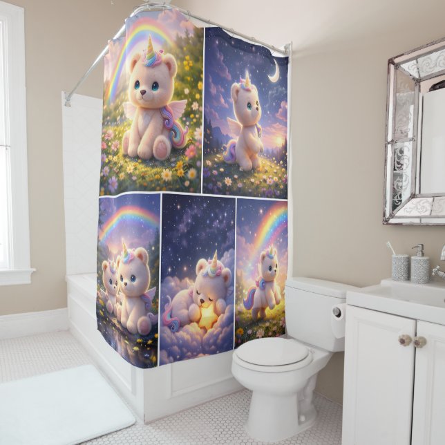 Unicorn teddy bear shower curtain (In Situ)