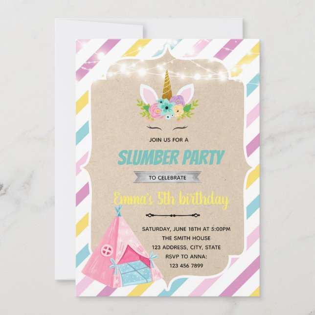 Unicorn teepee slumber invitation (Front)