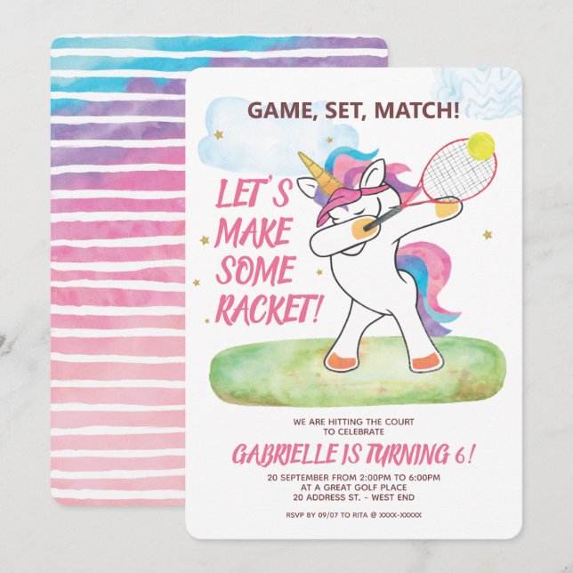 Unicorn Tennis Birthday Invitation (Front/Back)