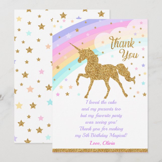 Unicorn Thank You Card, Birthday Thank You Card (Front/Back)