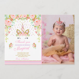 Unicorn Thank You Card Pink Gold Magical Unicorn