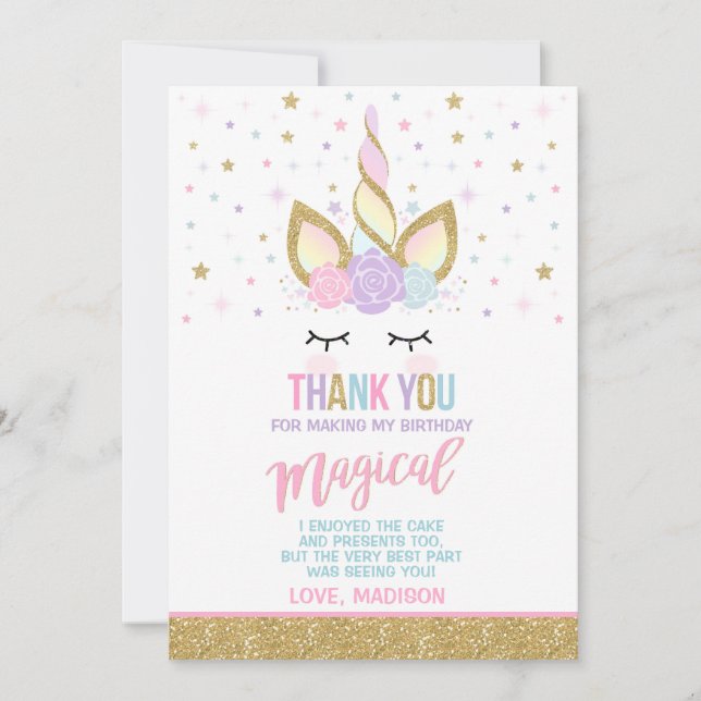 Unicorn Thank You Card Pink Gold Magical Unicorn (Front)