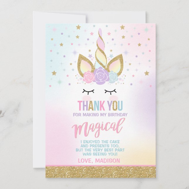 Unicorn Thank You Card Pink Gold Magical Unicorn (Front)