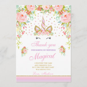 Unicorn Thank You Card Pink Gold Magical Unicorn