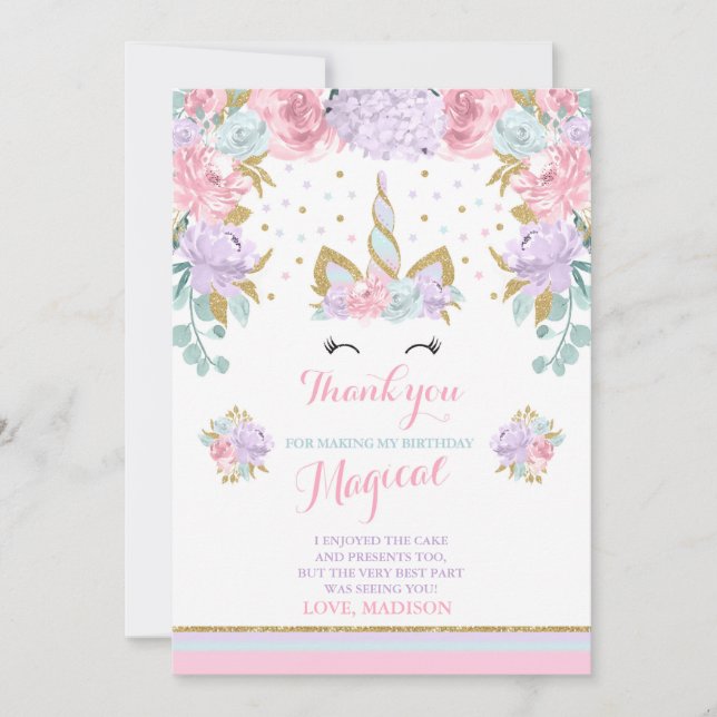 Unicorn Thank You Card Pink Gold Magical Unicorn (Front)