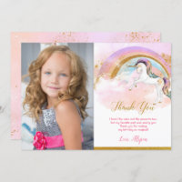 Unicorn thank you card with photo, elegant pastels