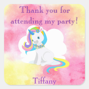 Unicorn Thank You Pink and Yellow Watercolor Square Sticker