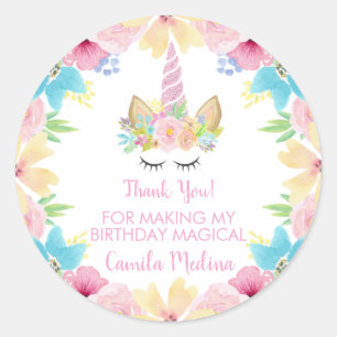 Unicorn Theme Birthday Party Magic Floral Flowers Classic Round Sticker